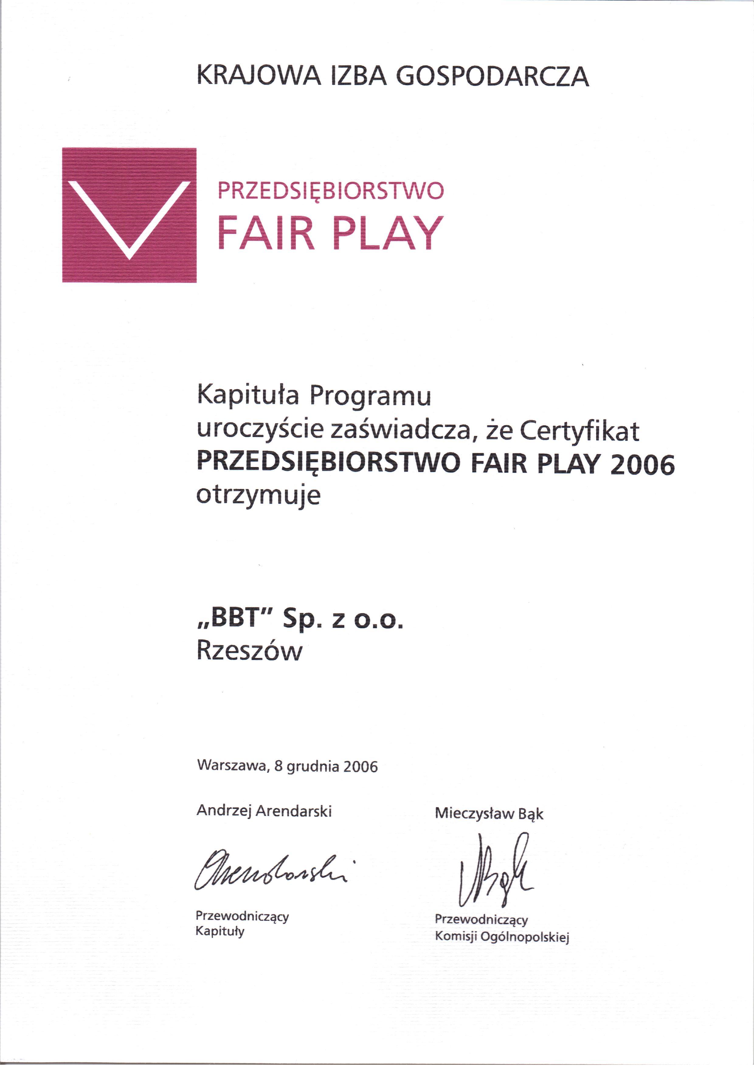 Fair Play 2006 certyfikat